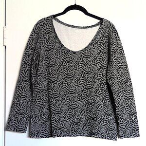 LOFT Outlet Dressy Top Black & Silver Shimmer Rose Stretch Scoop Neck Pullover L